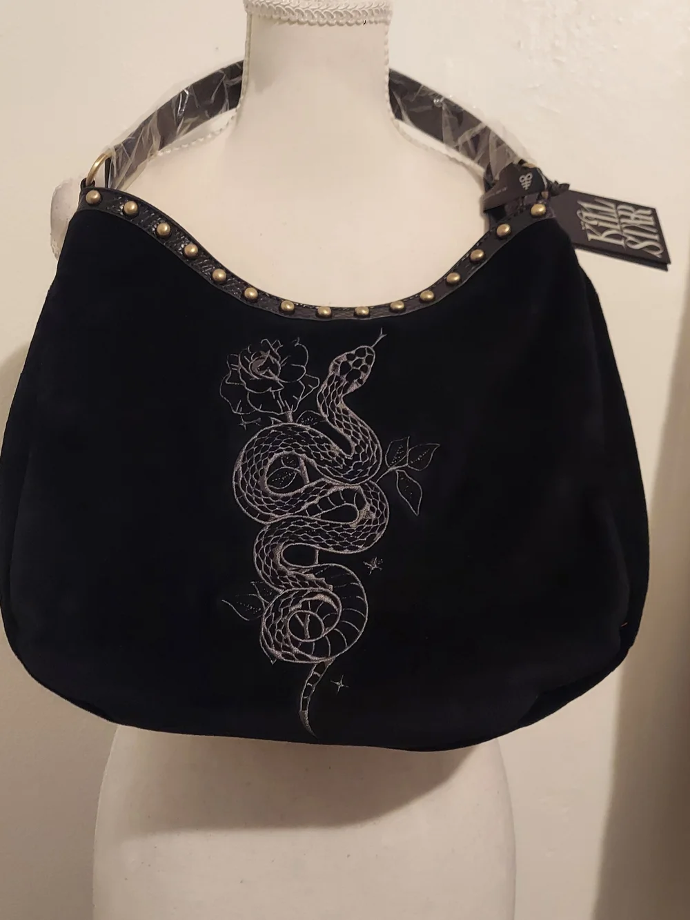 Black Stud-Trim Hobo Bag with Snake Embroidery